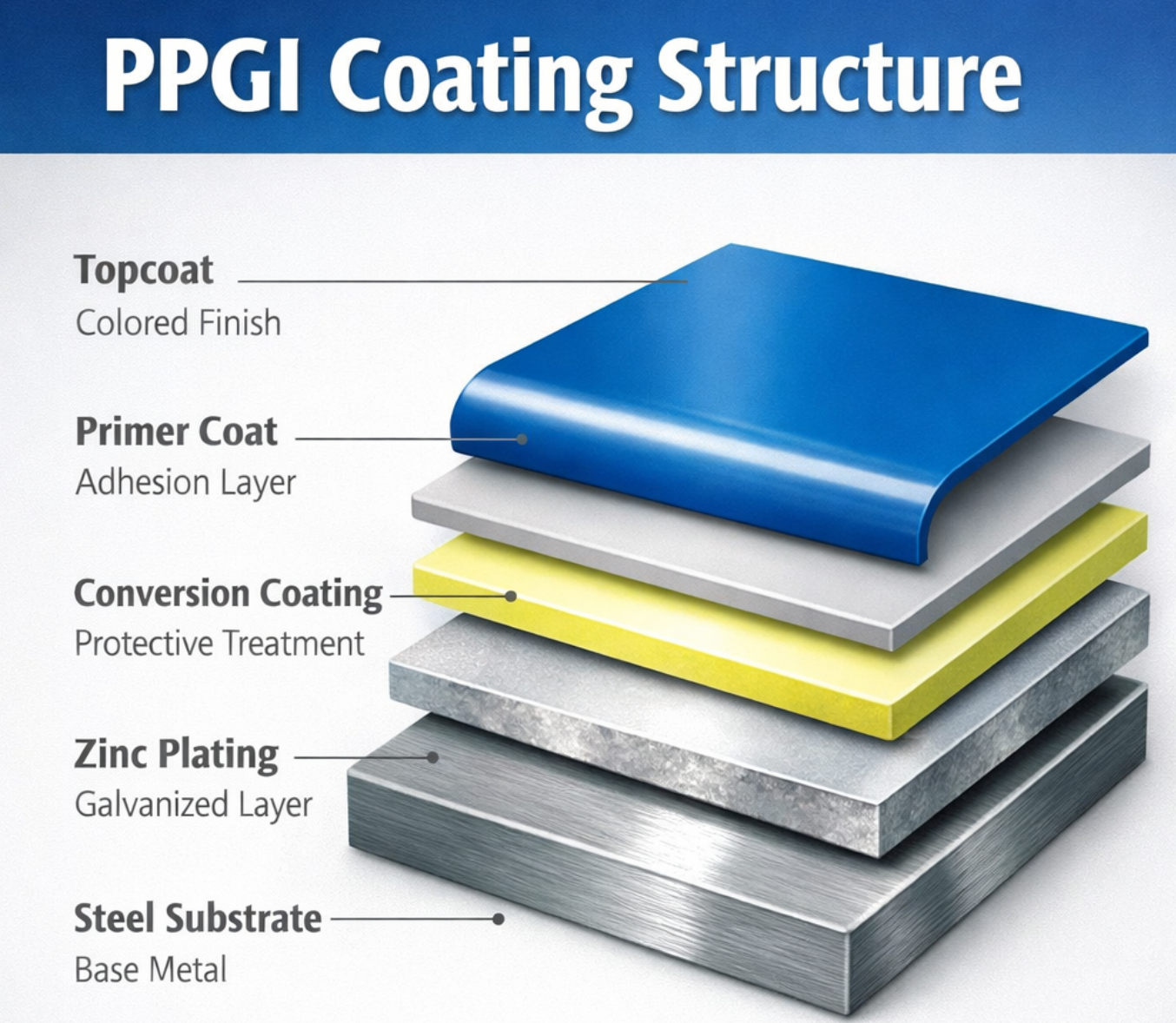 Schematic diagram showing the multi-layer coating process of PPGI Schematic diagram showing the multi-layer coating process of PPGI