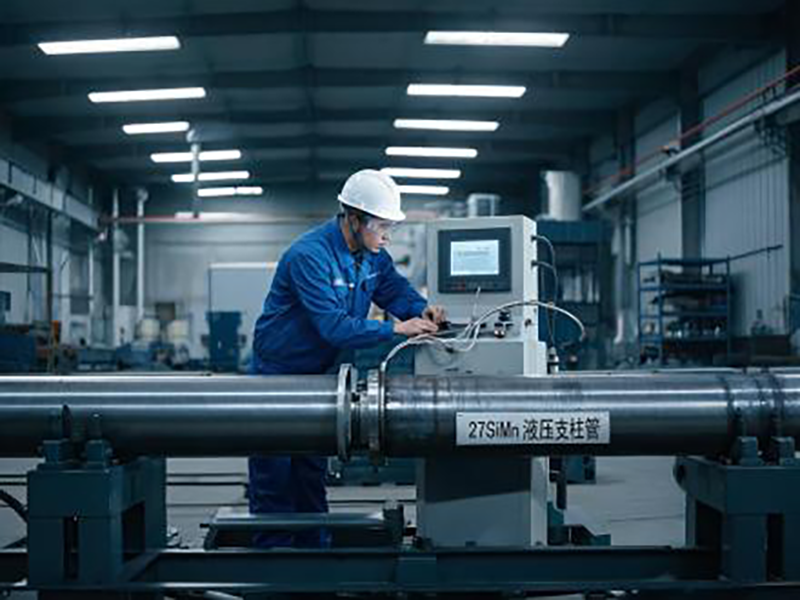 Ultrasonic flaw detection and hydrostatic testing on 27SiMn quenched and tempered steel pipe. Ultrasonic flaw detection and hydrostatic testing on 27SiMn quenched and tempered steel pipe.